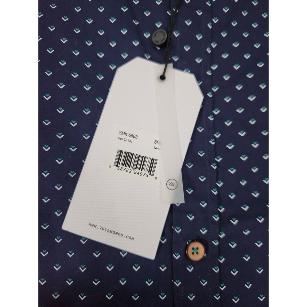7 Diamonds Shirt Men L Navy Blue Short Sleeve Button Up All Over Print Made Well - Picture 8 of 11